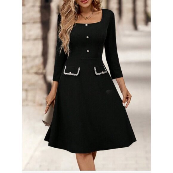 Dresses & Skirts - A-Line Pearl Button Square Neck Dress Black